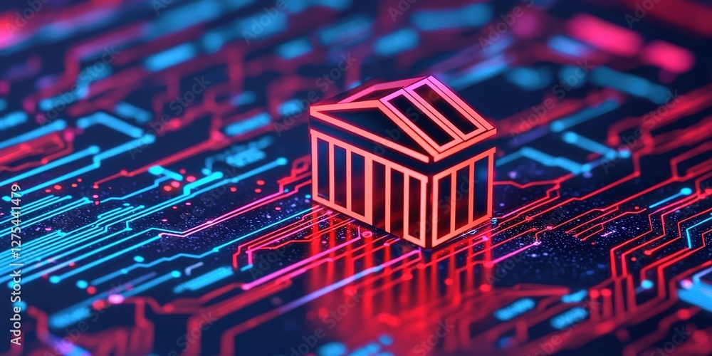 Poster fintech innovations concepts. digital representation of a container on a neon circuit board backgrou