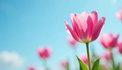 Fototapeta premium delicate pink tulip petals unfolding on a serene blue sky, serene, delicate, soft focus