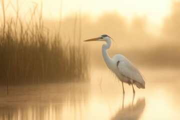 Naklejka premium Elegant heron stands gracefully in misty wetland, bathed in soft