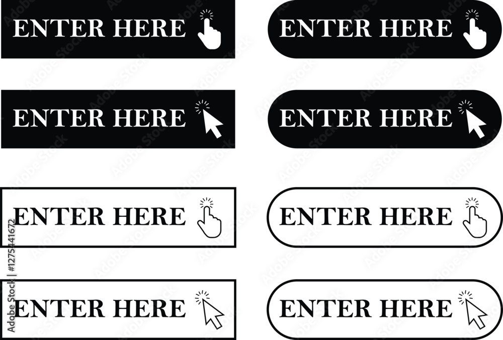 Fototapete enter here button with arrow and hand cursor flat, line icons set. web button with action vectors. u