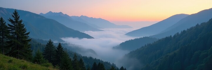 Naklejka premium Dense fog envelops a misty Carpathian valley at dawn, landscape, mist, natural wonder