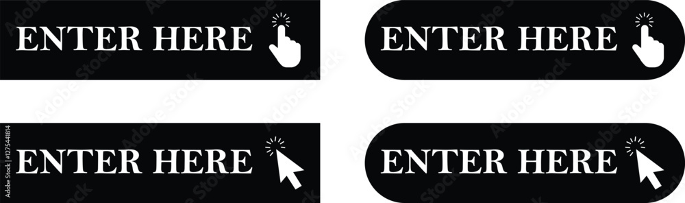 Fototapete enter here button with arrow and hand cursor flat icons set. web button with action vectors. ui butt
