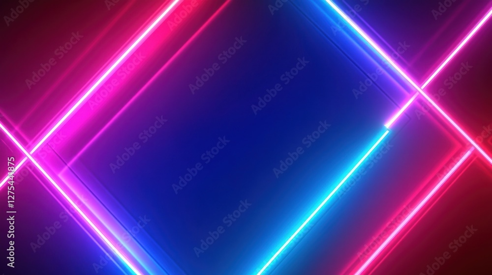 Poster vibrant neon light patterns create a dynamic backdrop with intersecting lines in shades of blue and 