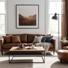 Modern Living Room Interior with Brown Leather Sofa and Coffee Table
