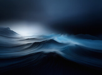 Fototapeta premium Dark, moody seascape with blurred waves moving towards a bright light source in the background. Dramatic atmosphere and dark blue hues create a serene scene.