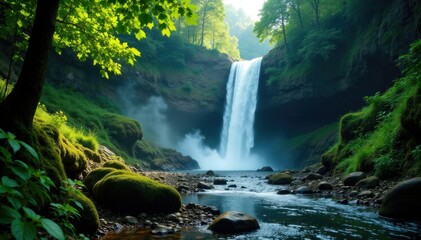 dense forest with a powerful waterfall cascading down rocky terrain, algae, terrain