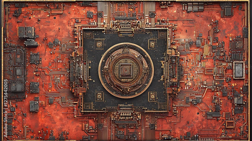 Poster Abstract view of a computer motherboard's intricate design, circuitry, and processor