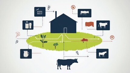 Obraz premium Infographic illustrating the dairy farming process, showcasing cows, milk production, and farm layout