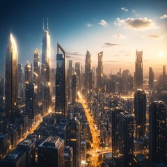 Naklejka premium Futuristic Cityscape at Sunset
