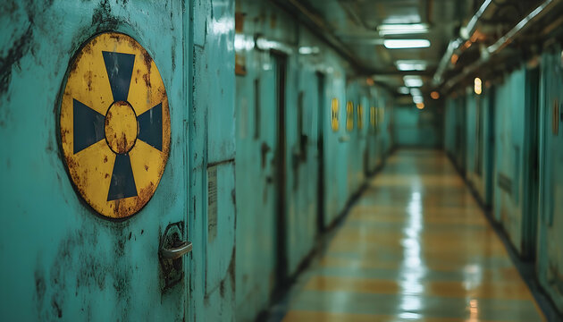 Radioactive hazard symbol on distressed door in industrial corridor