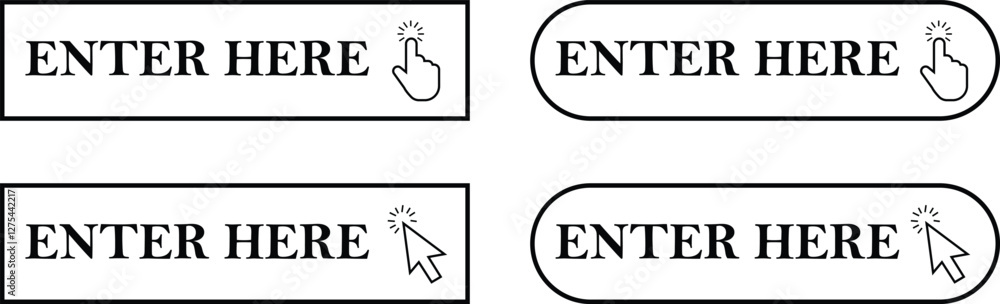 Poster enter here button with arrow and hand cursor outline icons set. web button with action vectors. ui b