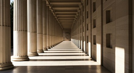 Fototapeta premium A grand colonnade with classical columns casts long shadows on the marble floor, creating a striking perspective of symmetry, depth, and light in a historic architectural setting.