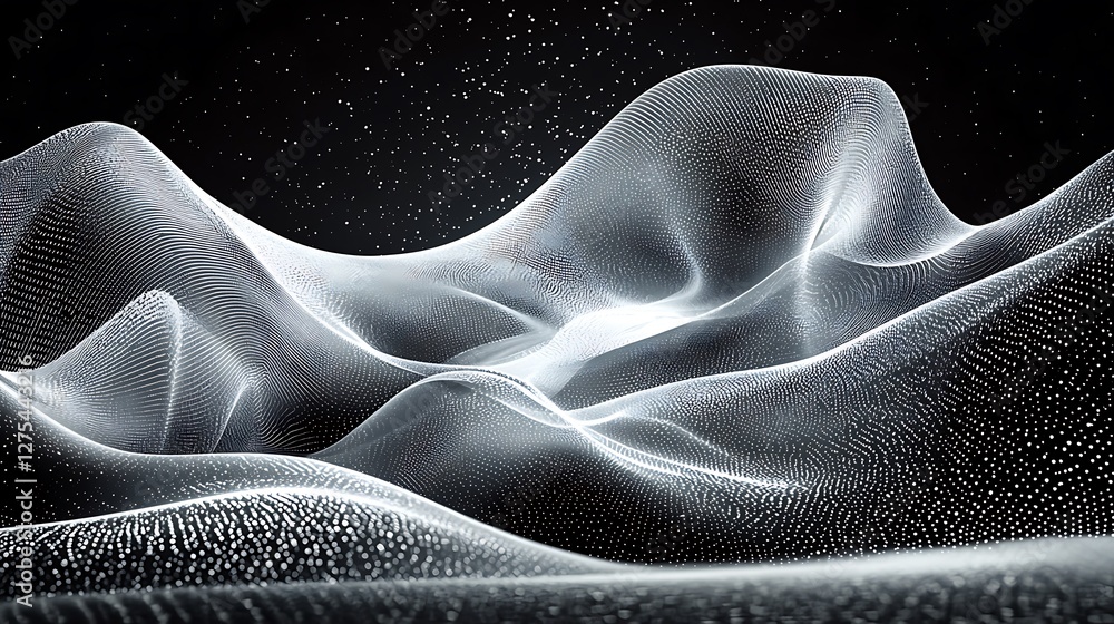 Poster Abstract wavy field, light emitting with particle background, conceptual visualization and design