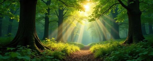 Forest floor with sunlight filtering through trees, tree branches, leafy canopy