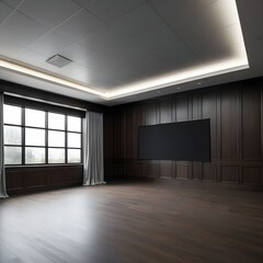 Fototapeta premium Modern Empty Room with Dark Wood Paneling and Large Window
