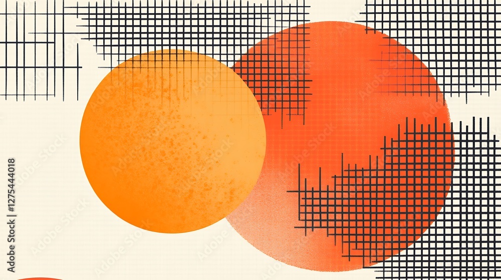 Poster abstract orange circles and grid pattern artwork