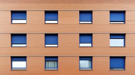 Fototapeta premium Orange Brick Building Facade with Blue Shutters