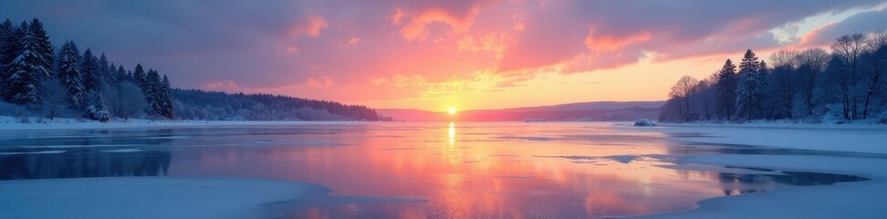 Fototapeta premium Frozen lake with a serene winter sunset over the horizon, , frosty morning, icy landscape