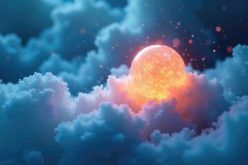 Obraz premium Glowing particle suspended in mid-air amidst soft blue mist, cloud, air bubbles, ethereal glow