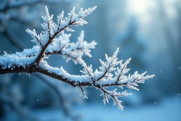 Obraz premium Icy tree branch winter snowflake intricate branches, winter wonderland, nature, branch