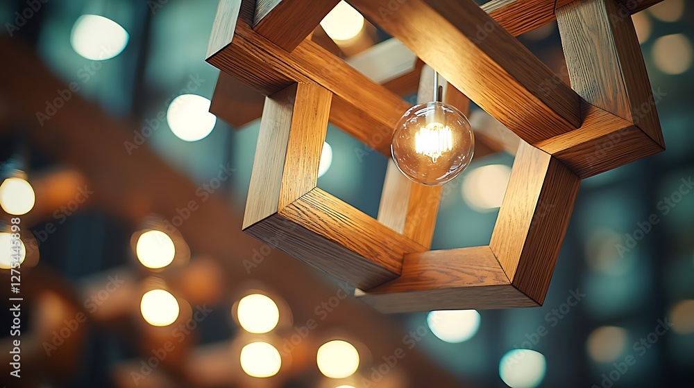 Poster abstract wooden geometric lamp in modern space, illuminated lightbulbs in the background