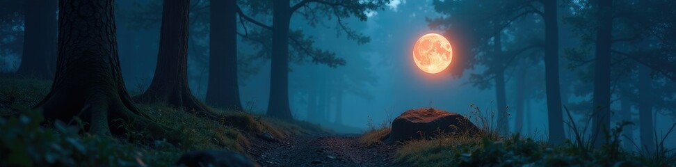 A delicate, glowing orb floats above a misty, moonlit forest floor, nighttime, mist