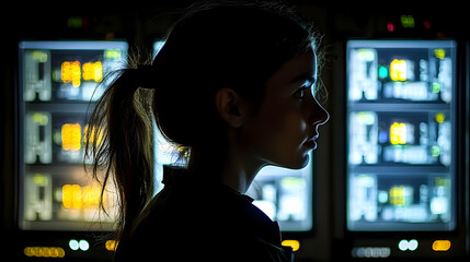Female silhouette overlooking illuminated server racks in a darkened room
