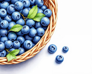 The illustration of blueberries in the basket, colored pencil drawing style on white background