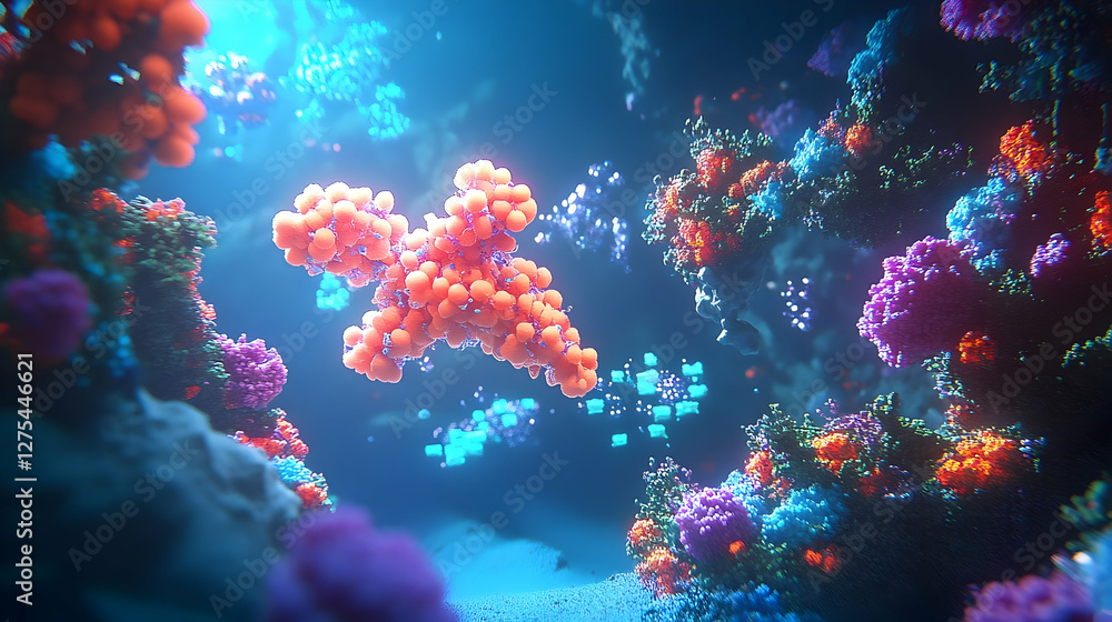Poster intricate cellular structure and microscopic world rendered with vivid colors