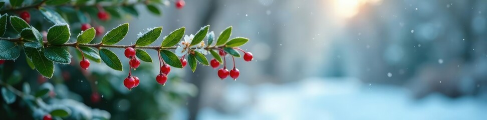 Fototapeta premium mistletoe sprig with attached tiny berries and white flowers on a frosty windowpane, mistletoe, flower