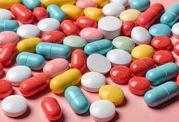 Colorful Pills and Tablets on Pink Background