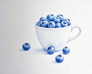 The illustration of blueberries in the white cup, colored pencil drawing style on white background