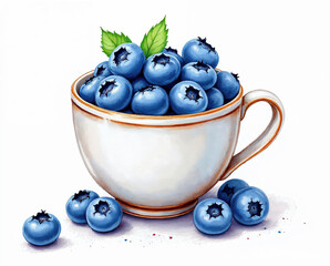 The illustration of blueberries in the white cup, colored pencil drawing style on white background