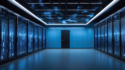 A modern server room filled with racks of networking equipment illuminated by blue LED lights