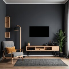 Modern Living Room Interior Design with Dark Walls and Wooden Accents
