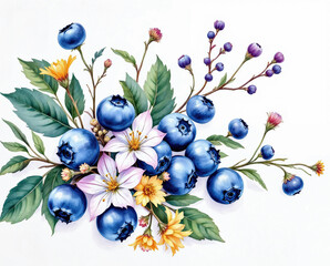 The illustration of blueberries and flowers bouquet in colored pencil drawing style on white background