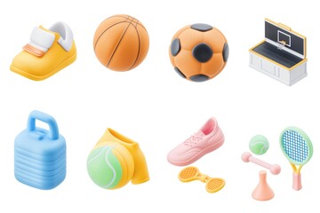 A vibrant collection of 3D cartoon-style sports items arranged in a grid, showcasing basketball, soccer, and tennis equipment in a fun and whimsical design on a white background