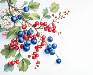 The illustration of berries and flowers brunch in colored pencil drawing style on white background