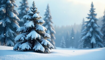 Fototapeta premium A stunning snow-covered tree with a few snowflakes gently falling around it, frozen world, pine trees, calm