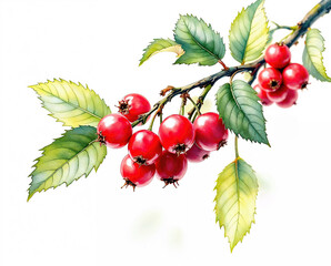 The illustration of red berries brunch in colored pencil drawing style on white background