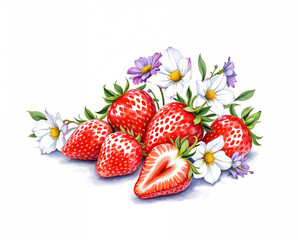 The illustration of strawberries and flowers in colored pencil drawing style on white background