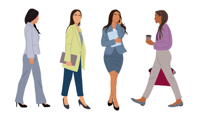 Obraz premium Set of Modern business women. Vector illustration of diverse standing, walking cartoon girls in smart casual, formal office outfits with laptop, phone, coffee cup, front, side view Isolated.