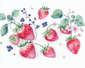 The illustration of strawberries and flowers in lovely colored pencil drawing style on white background
