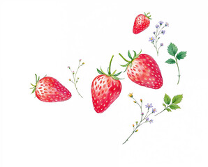 The illustration of strawberries and flowers in colored pencil drawing style on white background