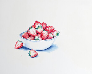 The illustration of strawberries in the white bowl, colored pencil drawing style on white background