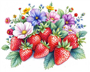 The illustration of strawberries and flowers in colored pencil drawing style on white background