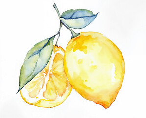 The illustration of citrus and leaves in watercolor style on white background
