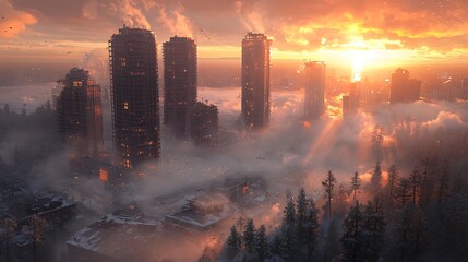 Obraz premium Aerial view of a city skyline at sunrise through a fog. Possible use Postcard for travel destination