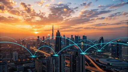 Obraz premium A stunning sunset over a modern city skyline, featuring skyscrapers and digital connectivity symbols, showcasing urban innovation and technology.