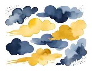 Abstract Watercolor Clouds in Mustard Yellow and Navy Blue